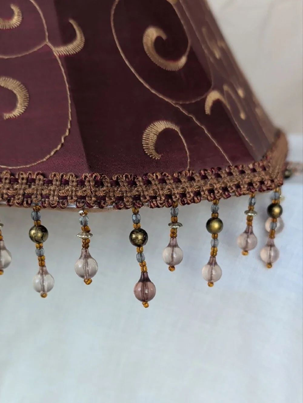 Burgundy Swirl Satin Fabric Lantern Shade with Beaded Trim Silk Lined Victorian
